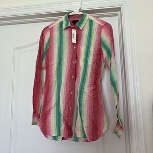 J. Crew Green and Pink Watercolor Striped Blouse